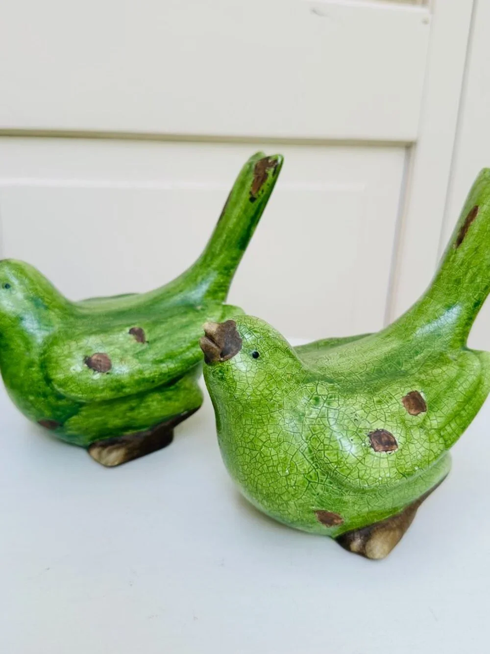 Pier 1 Green Crackle Glaze Bird Figurines Set Cottagecore Farmhouse Decor